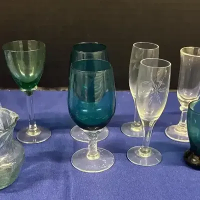 VTG Mismatched Glassware - Blue Splatter Pitcher, Colored Barware