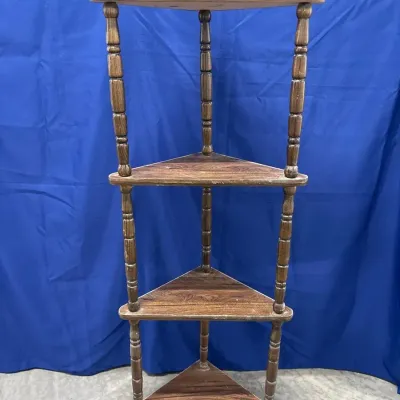 Vintage Wooden 4-Tier Corner Display Shelf - Triangular Shelves, Turned Spindles, 54” Tall
