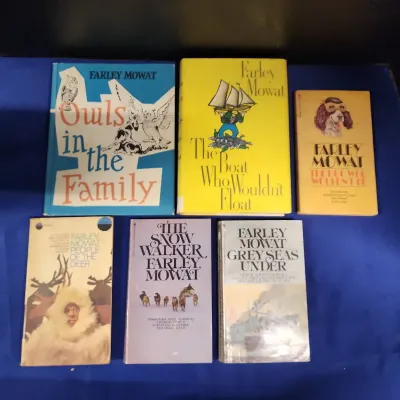 6 Farley Mowat Books - Owls In The Family, The Snow Walker, Grey Skies Under, People Of The Deer