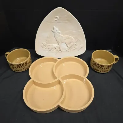 Vintage Kitchen - Divided Serving Tray, Stoneware Soup & Cracker Mugs, Decorative Carved Wolf Scene