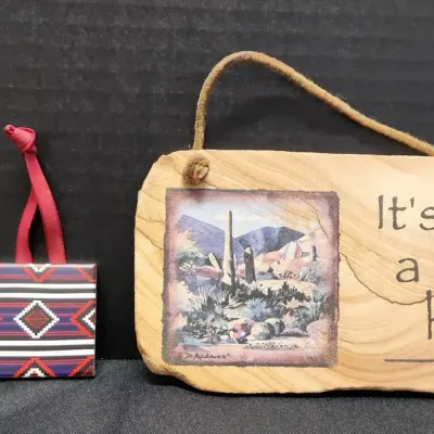 3 Southwest Themed Hanging Baubles & Sign - "It's A Dry Heat" Stone Sign, 2 Small Hanging Ornaments 