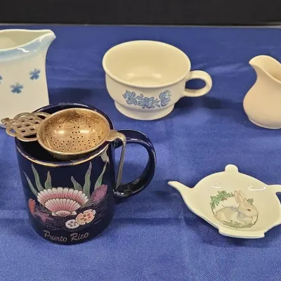Tea Time! Fabrizio 1985 Japan George Good, Mugs, Tea Strainer, Cream & Milk Pitchers
