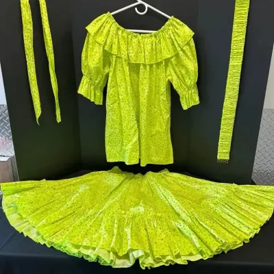 Vintage Western Square Dance Outfit - Lime Green Star Print Ruffle Blouse Skirt Belt Scarf Set