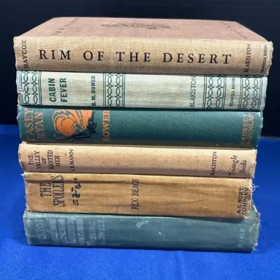 6 Vintage 1920s-1940s Hardcover Books - B.M. Bower, Rex Beach, Haycox, Earth Tones
