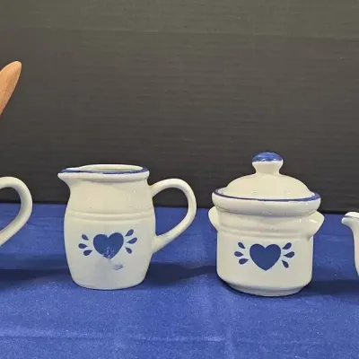 Vintage Mini Stoneware Pottery Pieces - Country Blue Heart Motif
