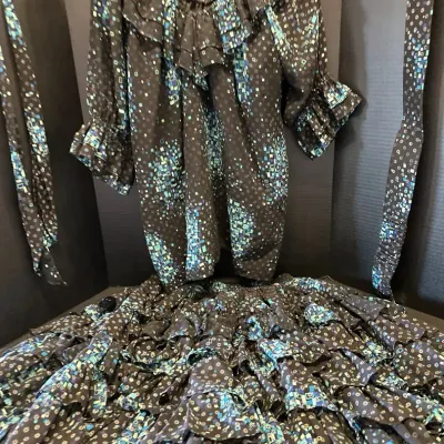 Vintage Western Square Dance Outfit - Black Teal Geometric Print Ruffle Blouse Skirt Belt Tie Set