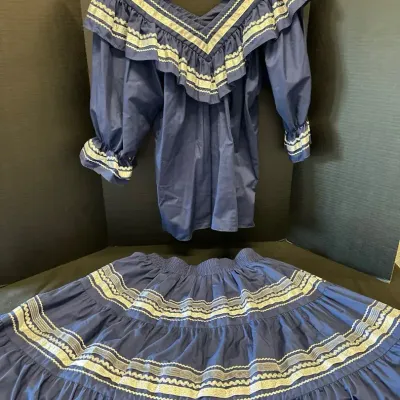 Vintage Western Square Dance Outfit - Navy Blue Rick Rack Trim Ruffle Blouse & Full Tiered Skirt Set