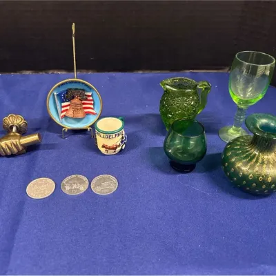 VTG Collectibles - Victorian Brass Fist Pull, Sunoco Coins, Green Art Glass, PA Souvenirs
