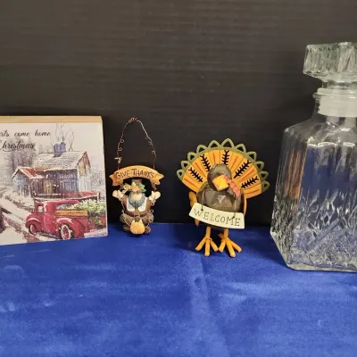 Thanksgiving & Christmas Decor - Cut Glass Decanter, Welcome Turkey, Hanging Give Thanks, Red Truck