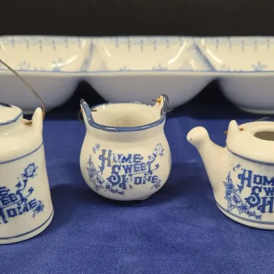 Vintage Blue & White Porcelain Tableware Set - "Home Sweet Home"