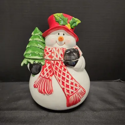 Holiday Greetings Snowman Cookie Jar - 10" Tall X 7" Wide, In Box