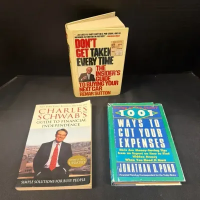 3 Vintage Personal Finance Books - Charles Schwab, Car Buying Guide, Cut Your Expenses