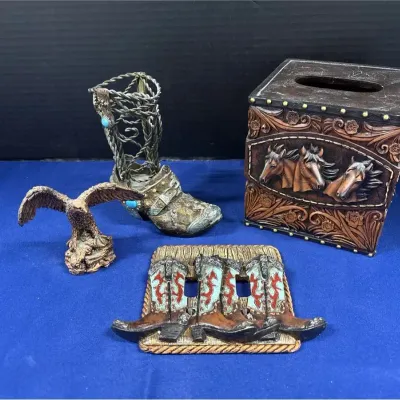Western Decor - K’s Collection Eagle Figurine, Cowboy Boot, Light Switch Plate, Horse Tissue Holder