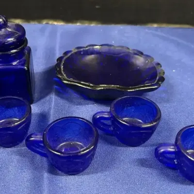 Vintage Cobalt Blue Miniature Glass - 4 Teacups, Lidded Jar & Scalloped Dish