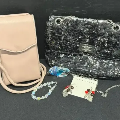 Night Out Ready! Black Sequin Purse, Mauve Phone Satchel, Iridescent Bracelet, Pendant, Kim Rogers