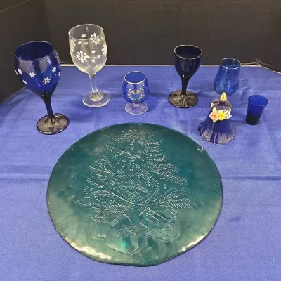 Holiday Glassware - Etched Christmas Tree Plate, Snowflake Glasses, Cobalt Blue Bell