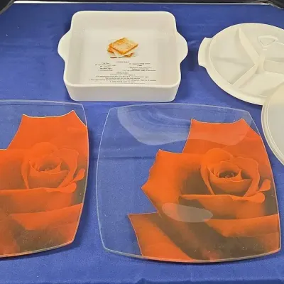 Kitchen - Glass Square Plates w/ Roses, Tupperware, Square Casserole Dish