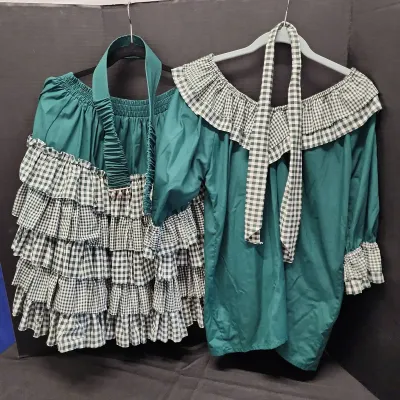 Women's Green Gingham Dancing Outfit - Ruffled Top, Neckerchief, Tiered Ruffle Skirt, Stretch Belt