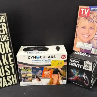Vintage & Tech Lot: 1994 Christie Brinkley TV Guide, Cynoculars VR Headset, Novelty Sign & LED Bike 