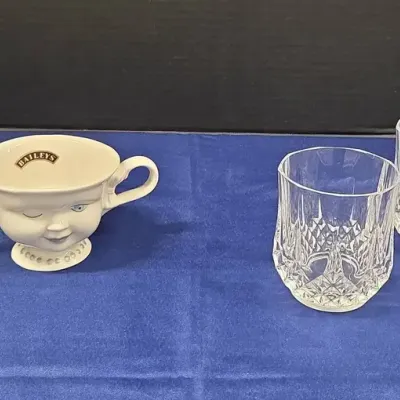 Vintage Baileys Irish Cream "Yum" Winking Face Teacups, Cristal d'Arques-Durand Longchamp Glasses