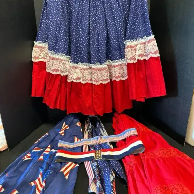 Vintage Patriotic Square Dance Outfit - Red White Blue Calico Lace Skirt, Slips, Belts & Ties