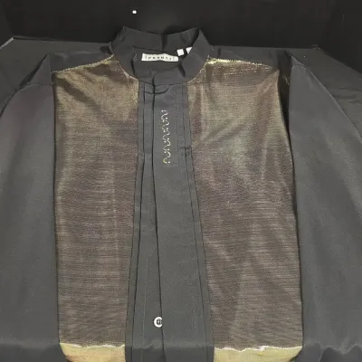 Black & Gold Pronti Blouse - Size XL, Collection By Phita, Pleated w/ Mandarin Collar 