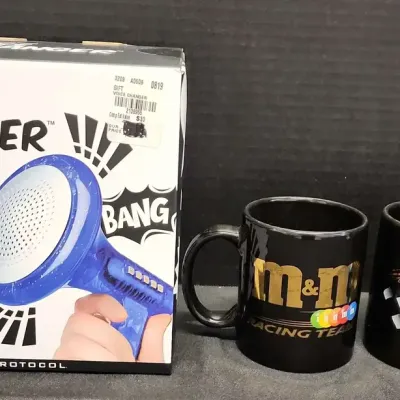 2 Black M&M's Racing Team Coffee Mugs & New 10-Voice Changer Device