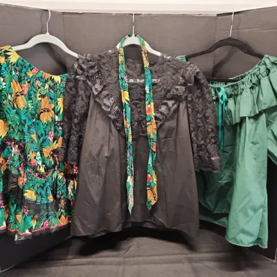 2 Women's Tops & Green Floral Skirt - Green XL Ruffled Lace Top, Black L Lace, Skirt 