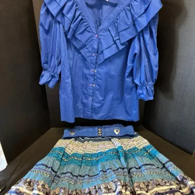 Vintage Western Square Dance Outfit - Royal Blue Ruffle V-Neck Blouse & Multi-Pattern Tiered Skirt