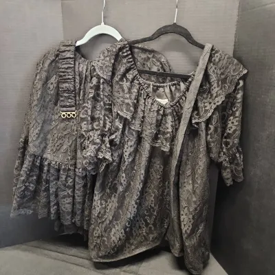 Black Lace Women's Size L Dancing Skirt & Top, Matching Belt & Neck Tie, Cross-Eyed Cricket Brand