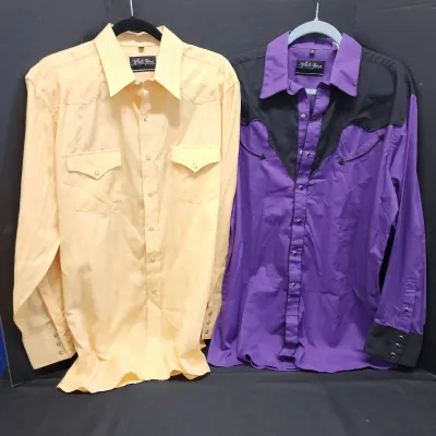 2 Men's XL Button Down Western Shirts - Yellow White Horse Shirt, Purple & Black White Horse Shirt