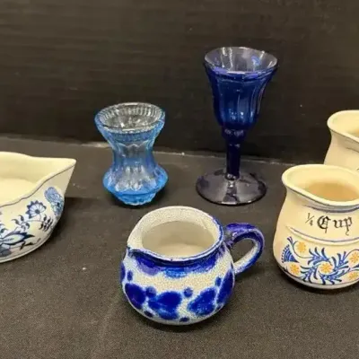 Vintage Blue & White Ceramic - Danube Rectangle Mark Piece, Measuring, Mini Creamers & Glass Accent 