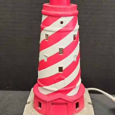 Lefton China "White Shoal" Red & White Lighthouse Night Light, 11" Tall X 5" Sq Base, 