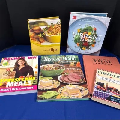 6 Cookbooks - Rachael Ray, Taste Of Home 2003, Dips, Vibrant Food, Thai, Cheap Eats