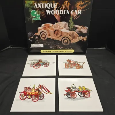 4 VTG Ceramic Tile Trivets & Antique Wooden Car - Attleboro Mutual Fire Insurance Co. Founded 1844