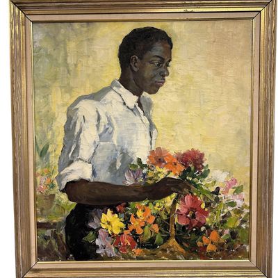 Sale Photo Thumbnail #130: JESSE CARL HOBBY (1871-1938) OIL PORTRAIT MAN WITH FLOWERS