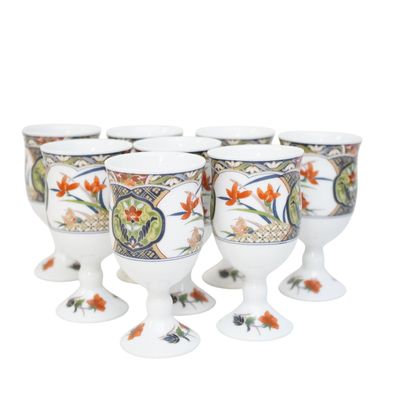 Sale Photo Thumbnail #270: 8 ARITA WARE DAIKI TOUEN FLORAL PATTERN CERAMIC WINE CUPS