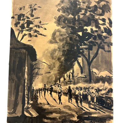 MID CENTURY MONOCHROME INK WASH PARISIAN STREET