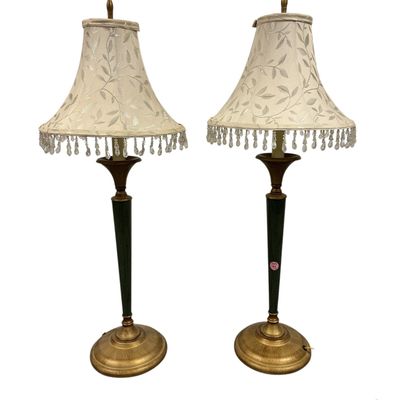PAIR VINTAGE SAGE GREEN AND BRASS CANDLESTICK LAMPS