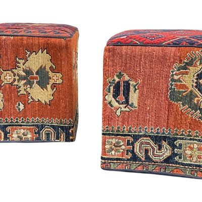 PAIR VINTAGE KILIM UPHOLSTERED OTTOMANS