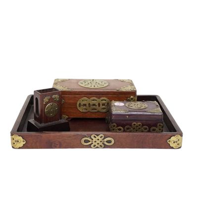 4 PC SET CHINESE ROSEWOOD & BRASS DESK ACCESSORIES
