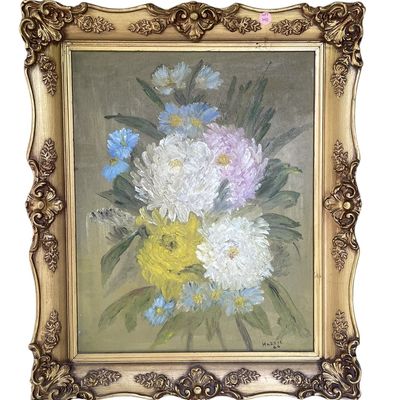 Sale Photo Thumbnail #137: MID CENTURY 1966 MUMS IMPASTO OIL PAINTING