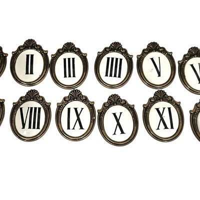 ANTIQUE FRENCH ENAMEL & BRASS CLOCK DIAL CARTOUCHES - COMPLETE XII SET