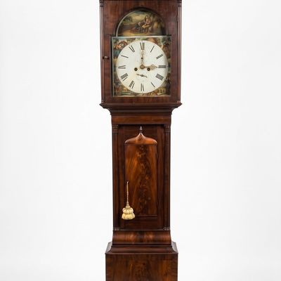 Sale Photo Thumbnail #144: ANTIQUE SCOTTISH FLAME MAHOGANY FOUR SEASONS TALL CASE CLOCK