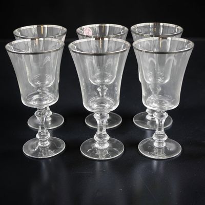 Sale Photo Thumbnail #263: 6 FOSTORIA SHEFFIELD PLATINUM RIM CRYSTAL WINE GLASSES