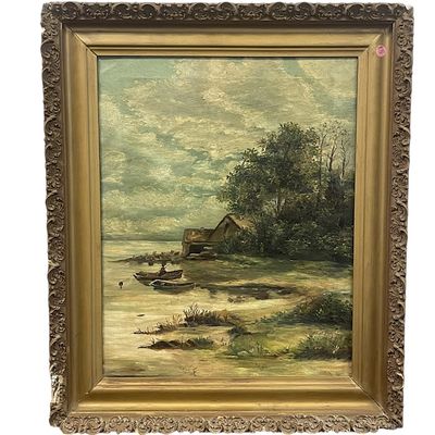 Sale Photo Thumbnail #122: 19th c OIL ON CANVAS BUCOLIC RIVERSIDE WITH BOATS