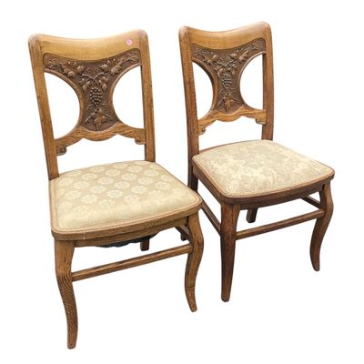 MATCHED PAIR ANTIQUE OAK CARVED GRAPE & VINE CHAIRS