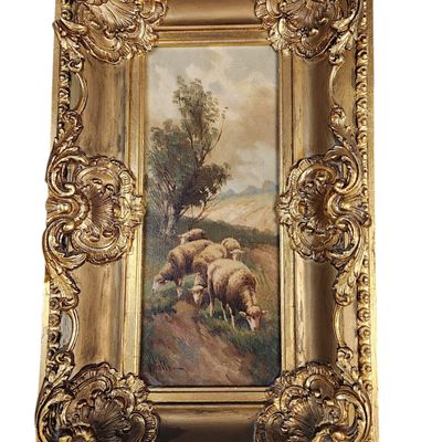 19th c OIL ON CANVAS PASTORAL SHEEP GRAZING J VITROLLA