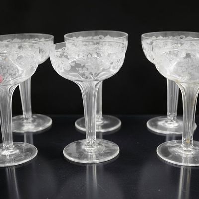 Sale Photo Thumbnail #232: 6 VINTAGE ETCHED TALL HOLLOW STEM CHAMPAGNES