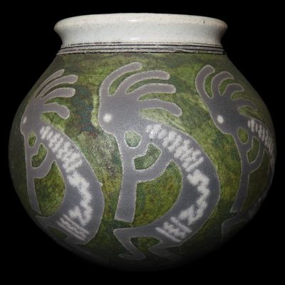 Sale Photo Thumbnail #394: 5 3/4" x 5 1/4" Native American Kokopelli Vase, Signed J. Diller on Bottom